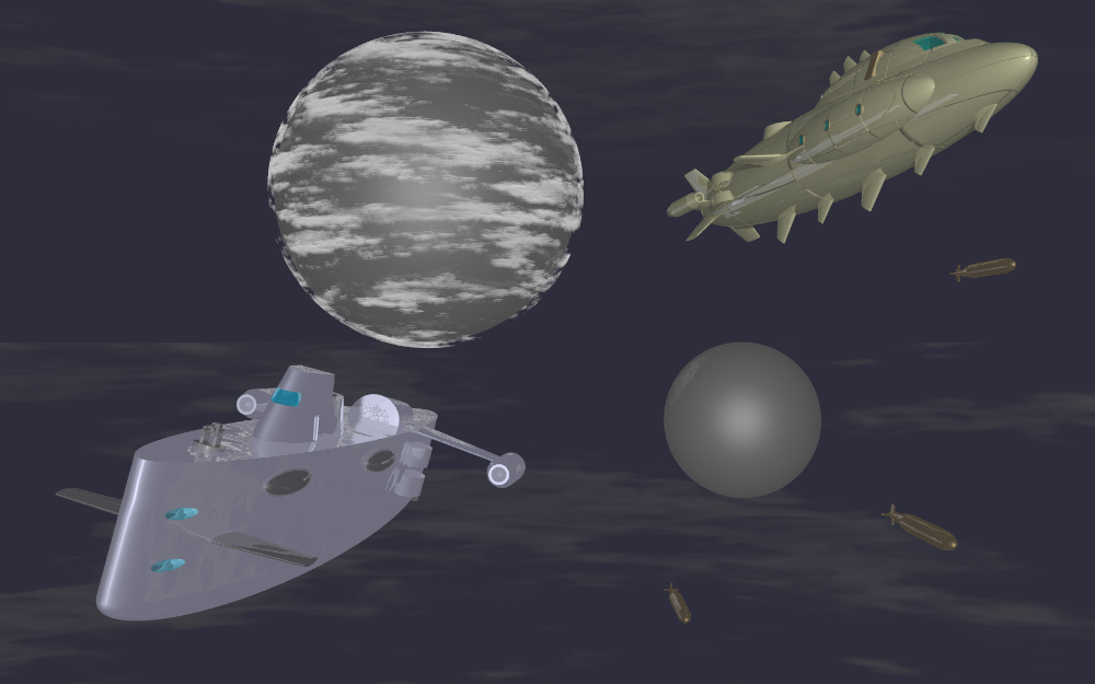 3D render of two spaceships that resemble dieselpunk submarines. One is chasing the other, firing torpedoes. In the background, planets hang in a dark sky.