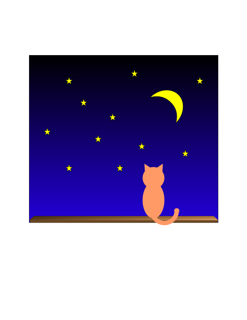 (Stylized image of a cat sitting on a windowsill watching the stars and moon.)